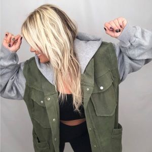 Olive and grey oversized fleece shacket